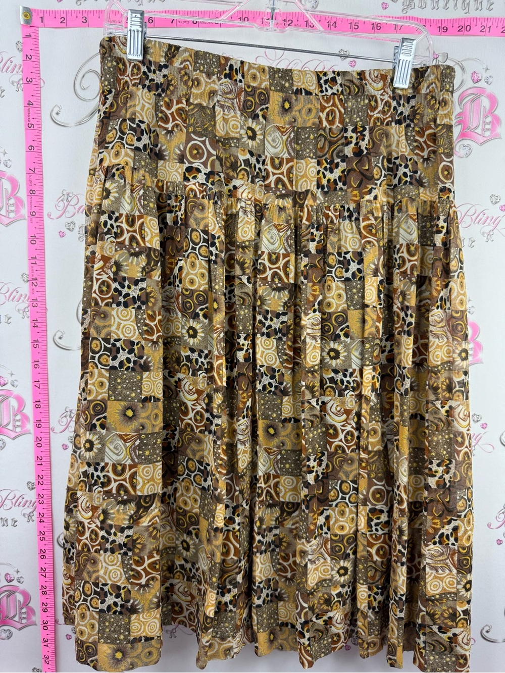Carole Little silk skirt vintage pleats Brown and Gold Patchwork Midi Skirt